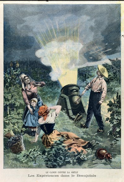 Esperimento con un cannone per prevenire i danni della grandine alle viti, da Le Petit Journal, 23 febbraio 1900 da Charles Crespin